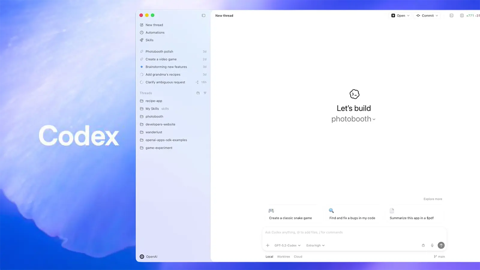 Eine Codex App Oberfläche